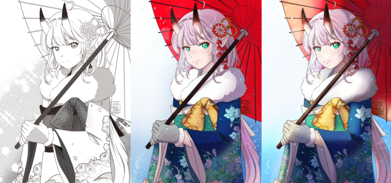 Example prices: Manga style 40€ one picture, 50€ for full manga page; Cell Shaded 40€; Fully Rendered 60€